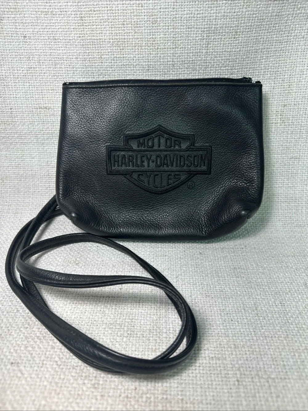 VTG Harley Davidson Black Leather Crossbody Purse Embroidered Zip Biker